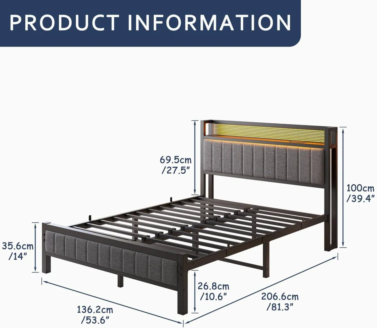Double Bed Frame with Upholstered Headboard - Image 2