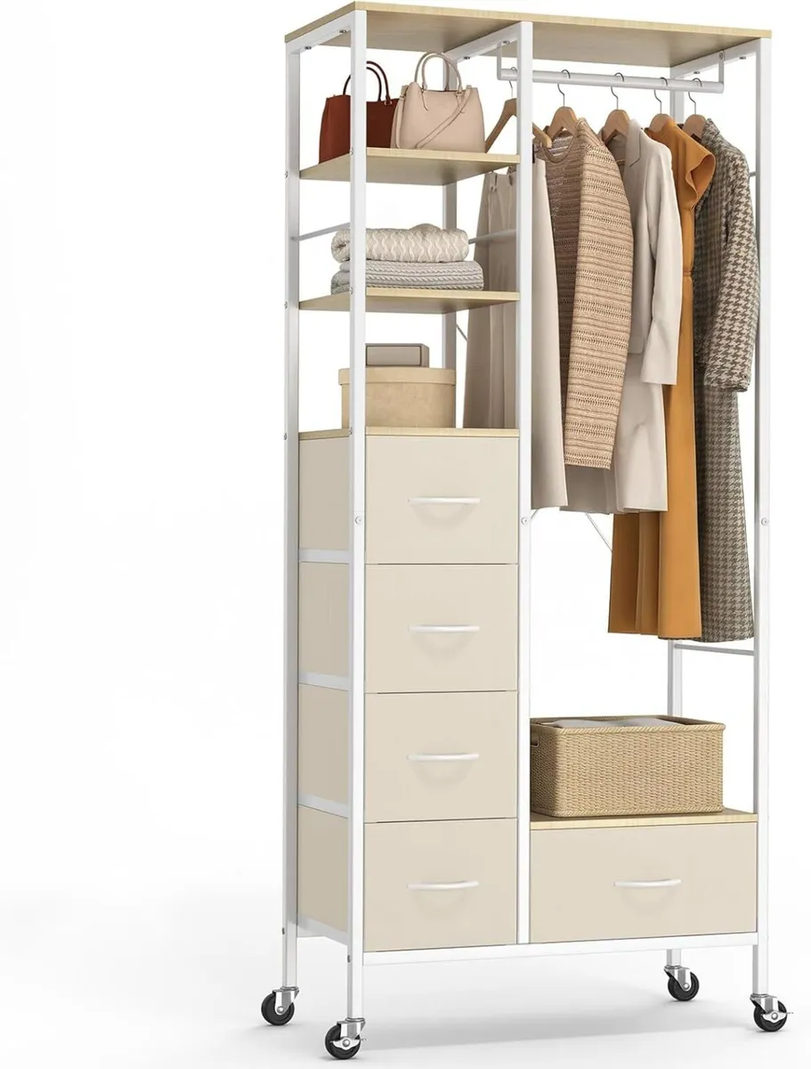 All-in-One Rolling Coat Rack with 5 Drawers - Image 1