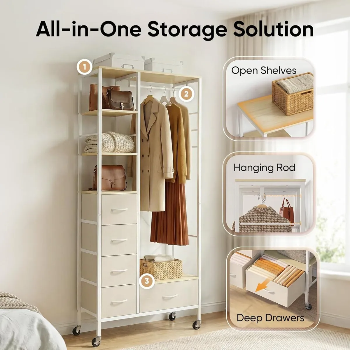 All-in-One Rolling Coat Rack with 5 Drawers - Image 4