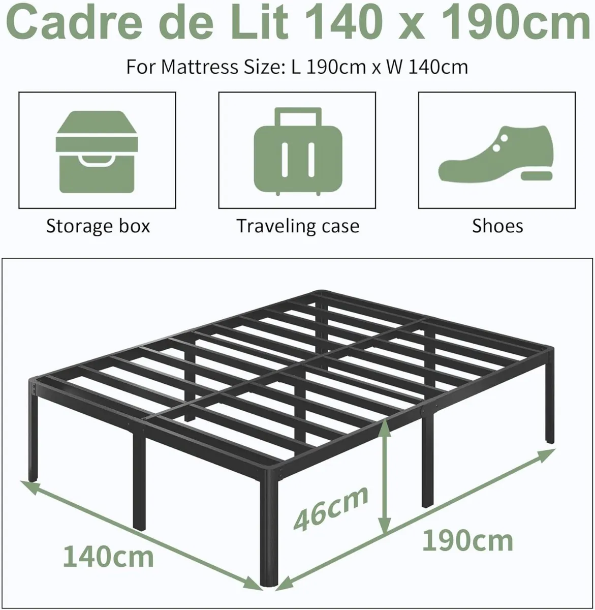 High Metal Bed 140 x 190 cm with Round Legs 46 - Image 2