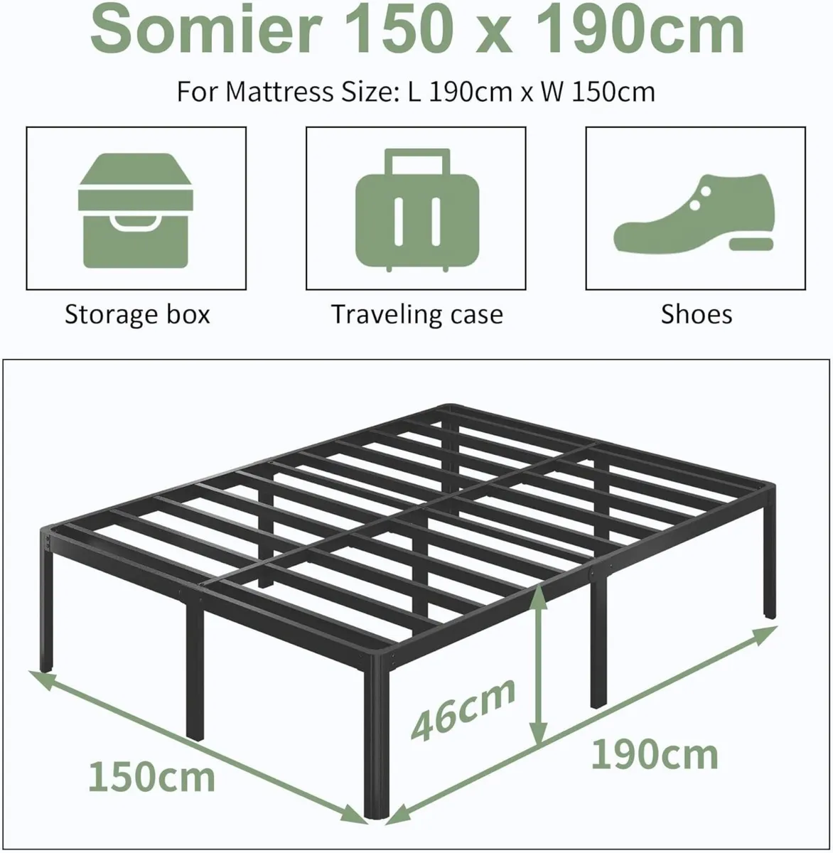 High Metal Bed 150 x 190 cm with Round Legs 46 - Image 2