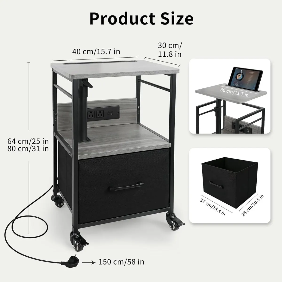 Bedside Table with Charging Station (Grey Walnut) - Image 3
