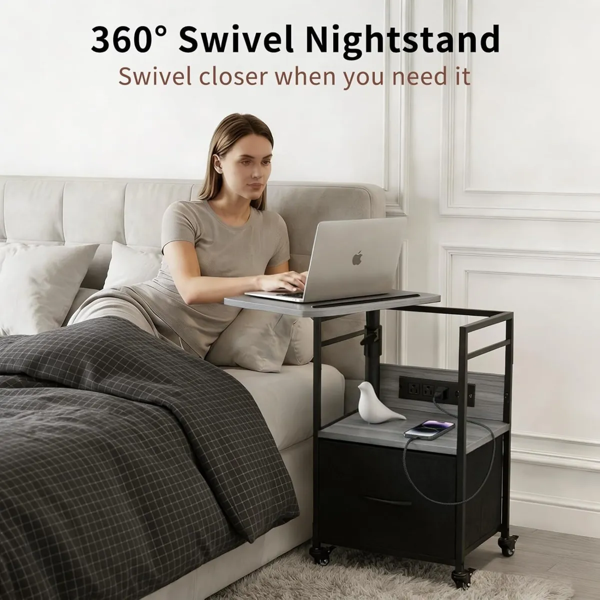 Bedside Table with Charging Station (Grey Walnut) - Image 4