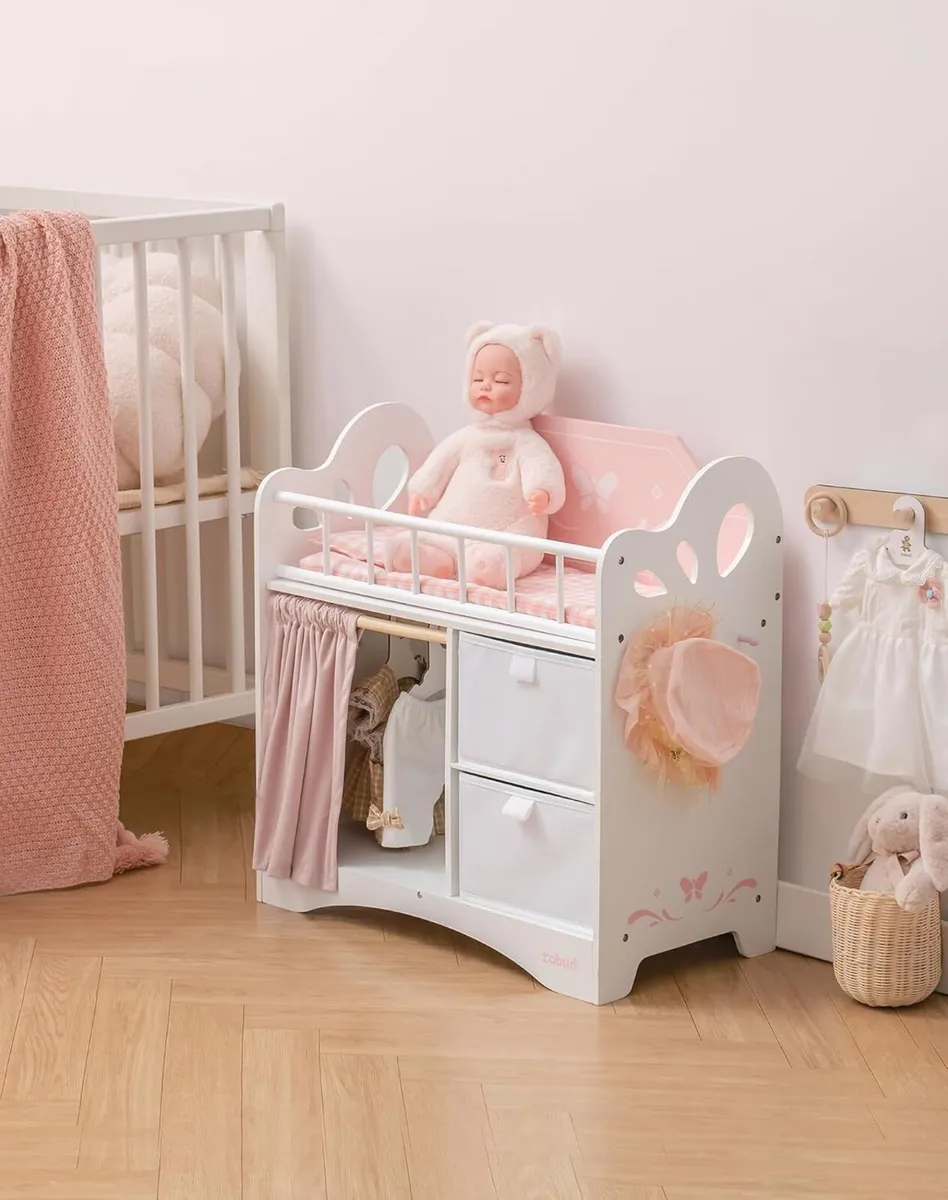 Baby Doll Crib Kids Wooden Bed with Storage - Image 2