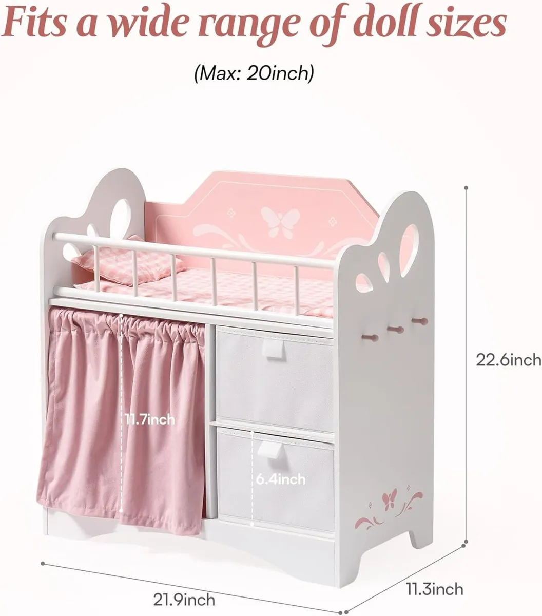 Baby Doll Crib Kids Wooden Bed with Storage - Image 3