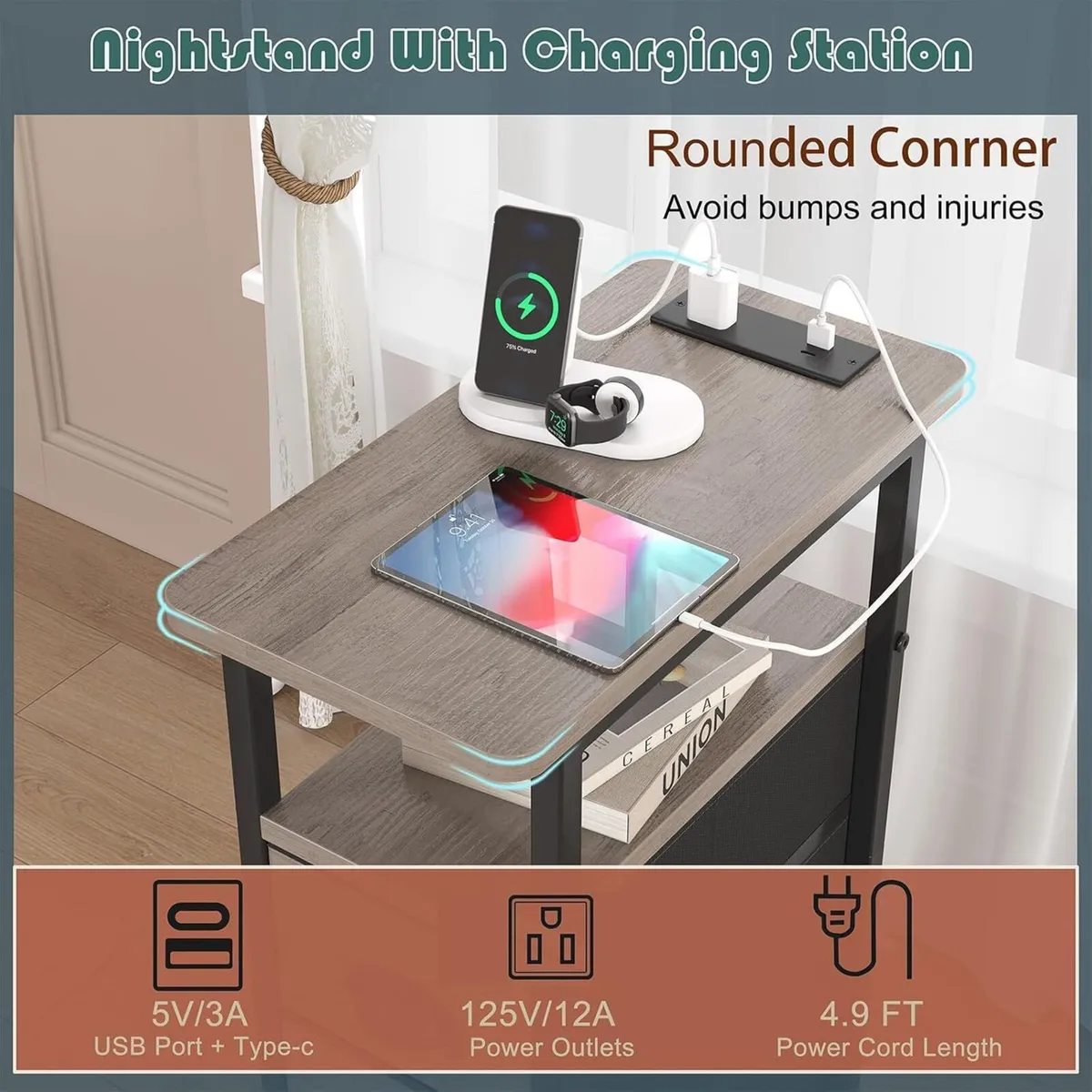 End Table with Charging Station Narrow Side - Image 4