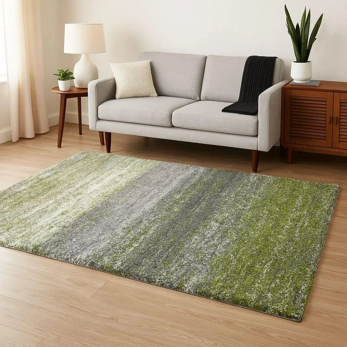 Green White Grey Stripe Pattern Shaggy Rug Soft - Image 2