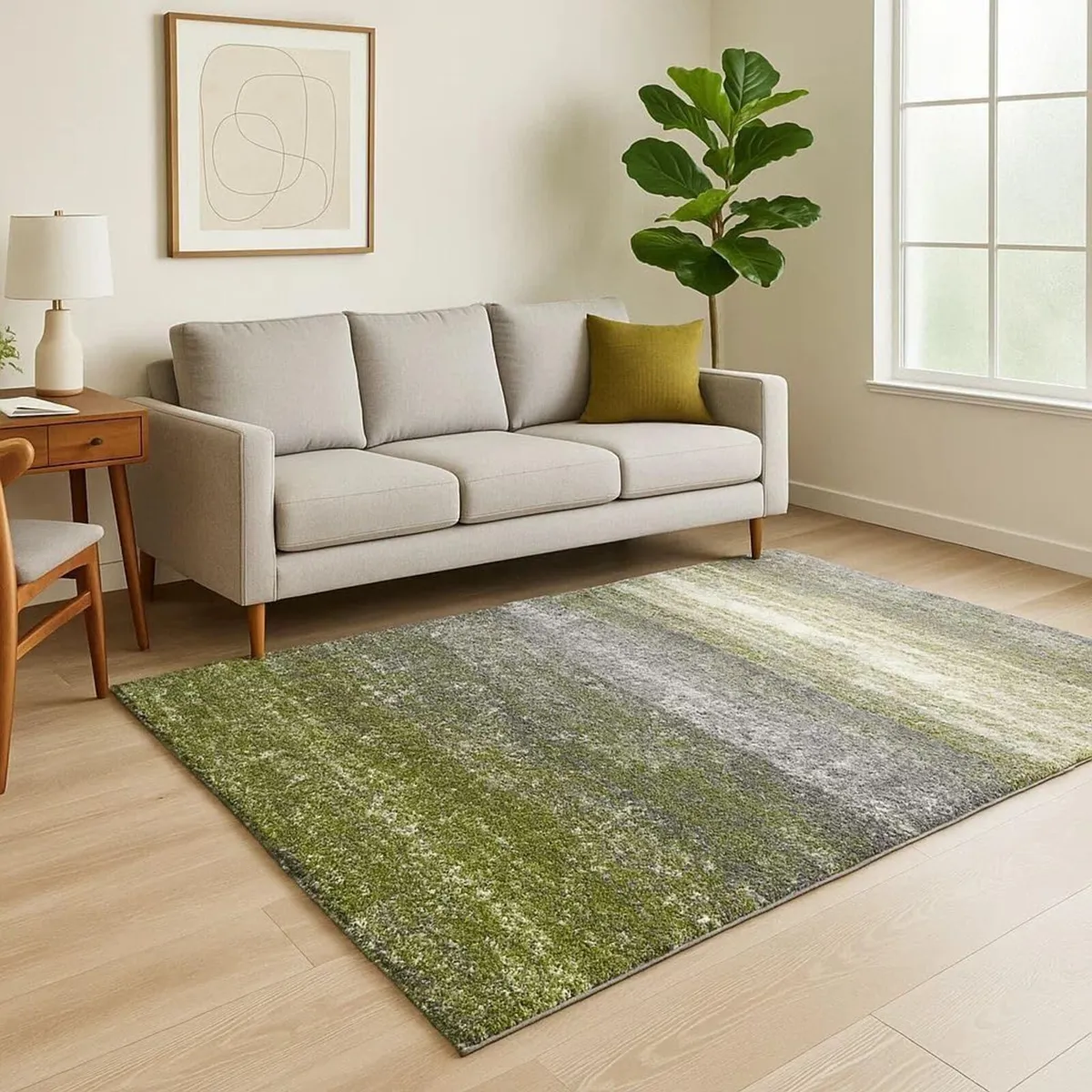 Green White Grey Stripe Pattern Shaggy Rug Soft - Image 3