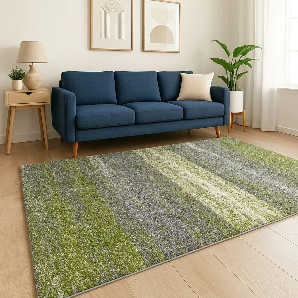 Green White Grey Stripe Pattern Shaggy Rug Soft - Image 1