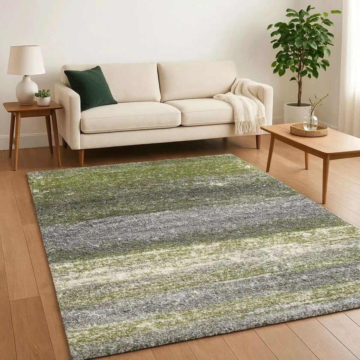 Green White Grey Stripe Pattern Shaggy Rug Soft - Image 4