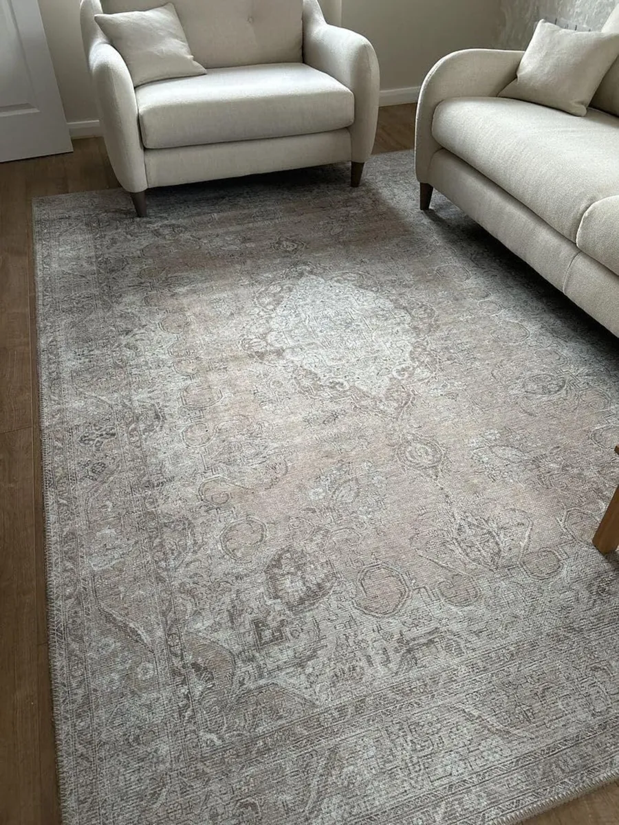 Washable Medallion Area Rug Beige Liquid Repellent - Image 1