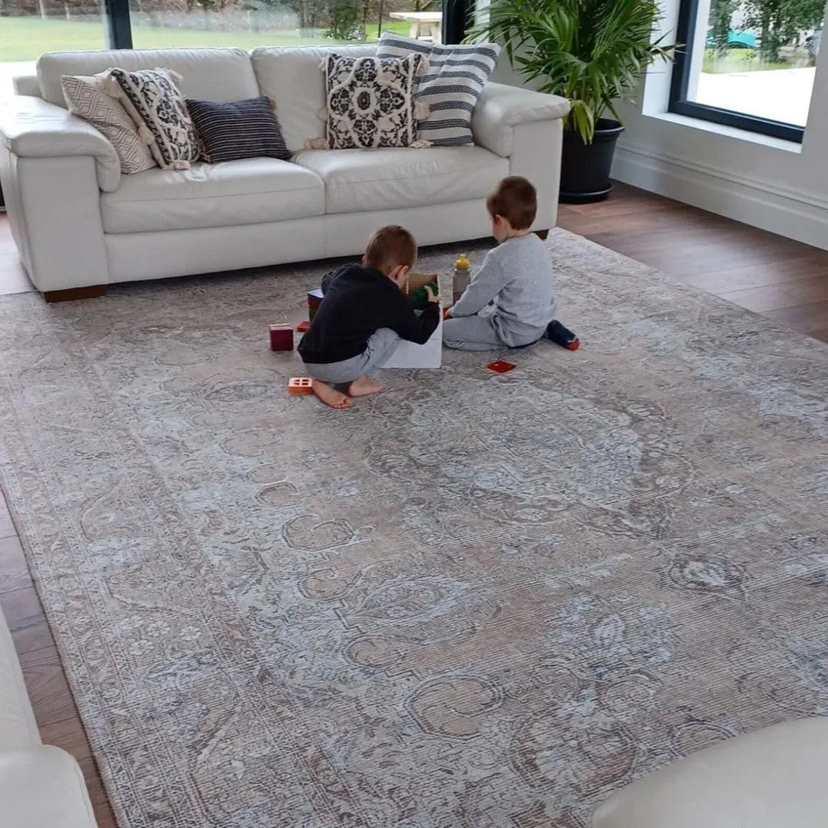 Washable Medallion Area Rug Beige Liquid Repellent - Image 3