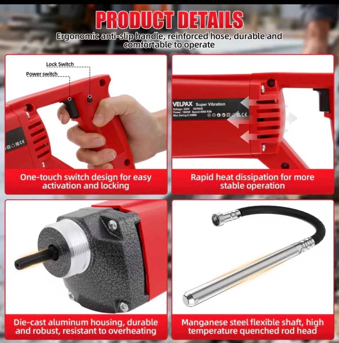Concrete vibrator 1800W, 4000 rpm - Image 3