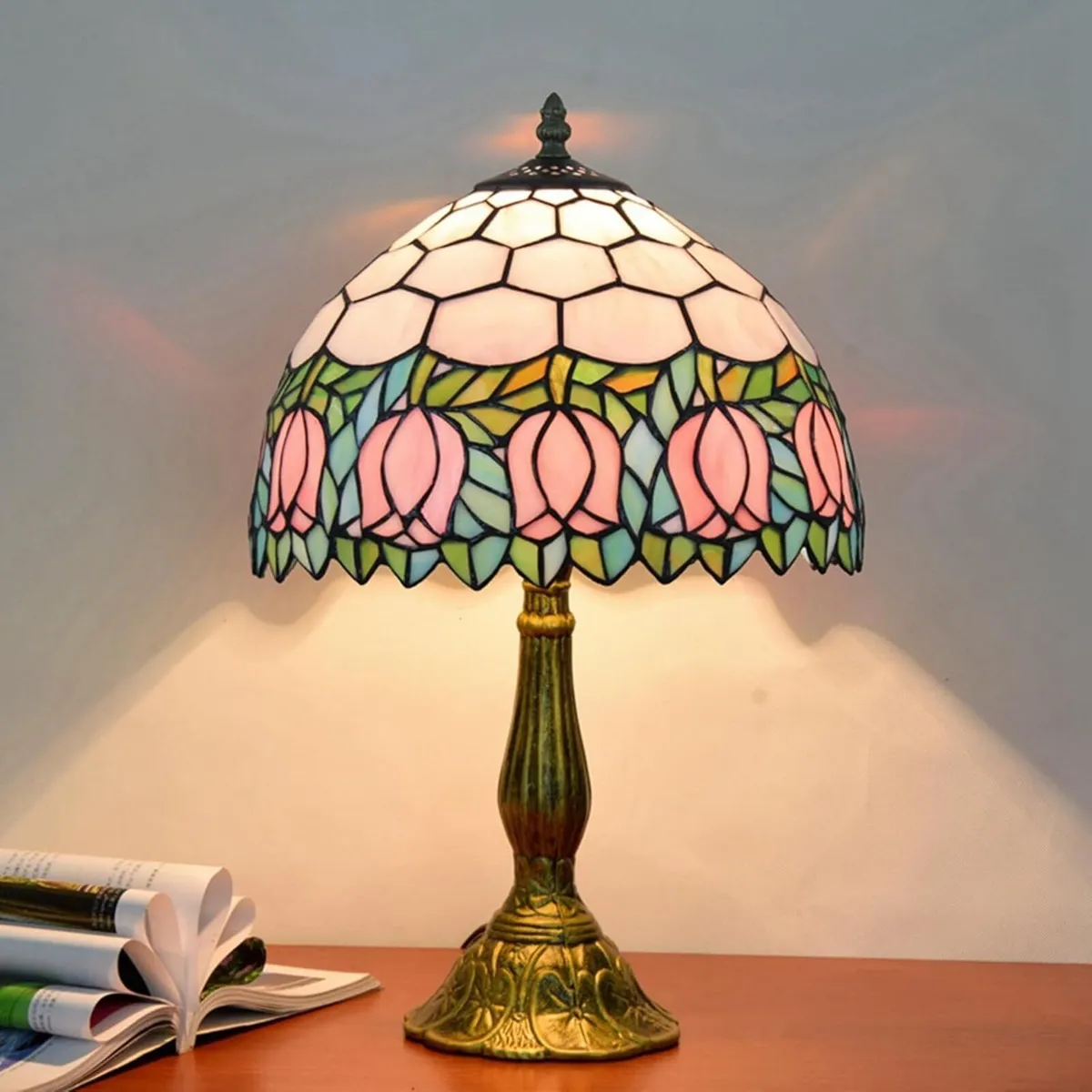 Tiffany Lamp Stained Glass Pink Tulip Bedroom - Image 2