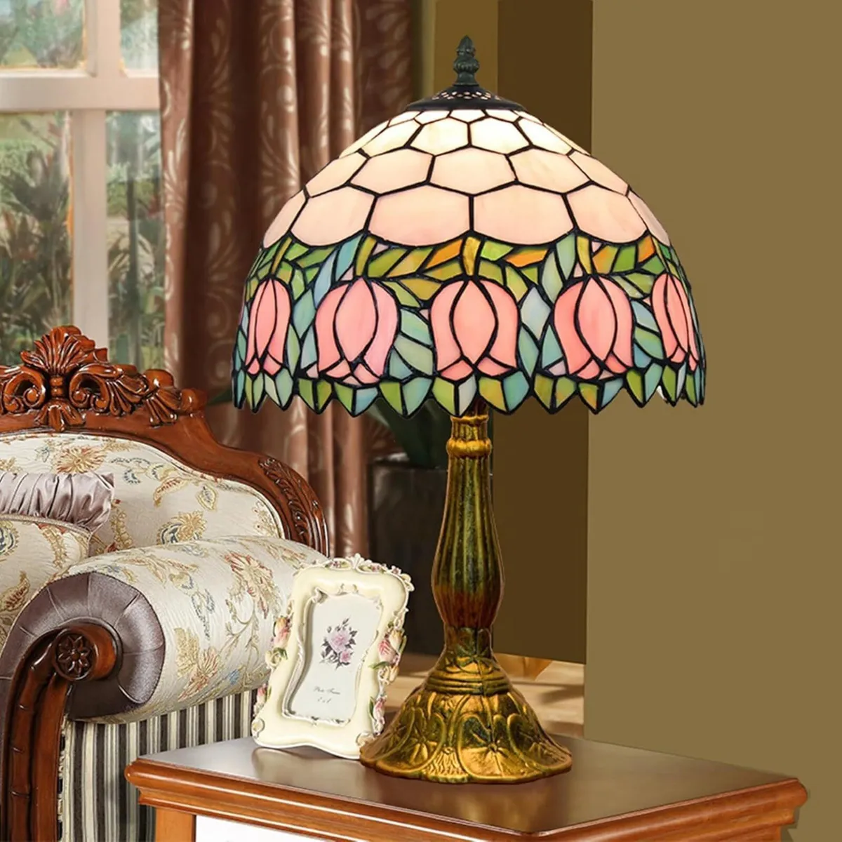 Tiffany Lamp Stained Glass Pink Tulip Bedroom - Image 4
