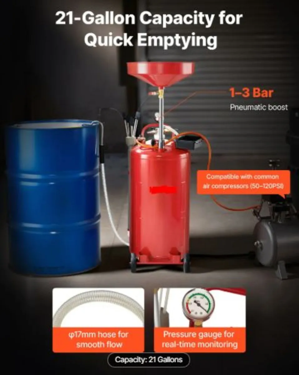79.5L Waste Oil Drain Tank, Air Operated Portable - Image 2