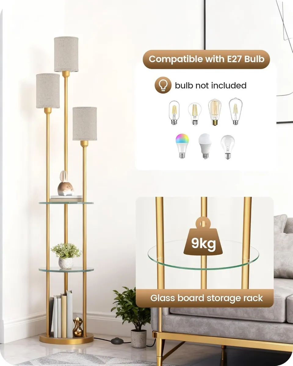 Floor Lamp with Shelves Modern 3 Linen Shades and - Image 2