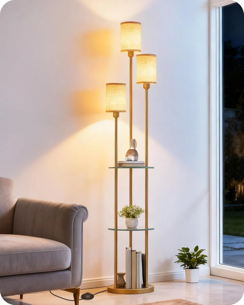 Floor Lamp with Shelves Modern 3 Linen Shades and - Image 1