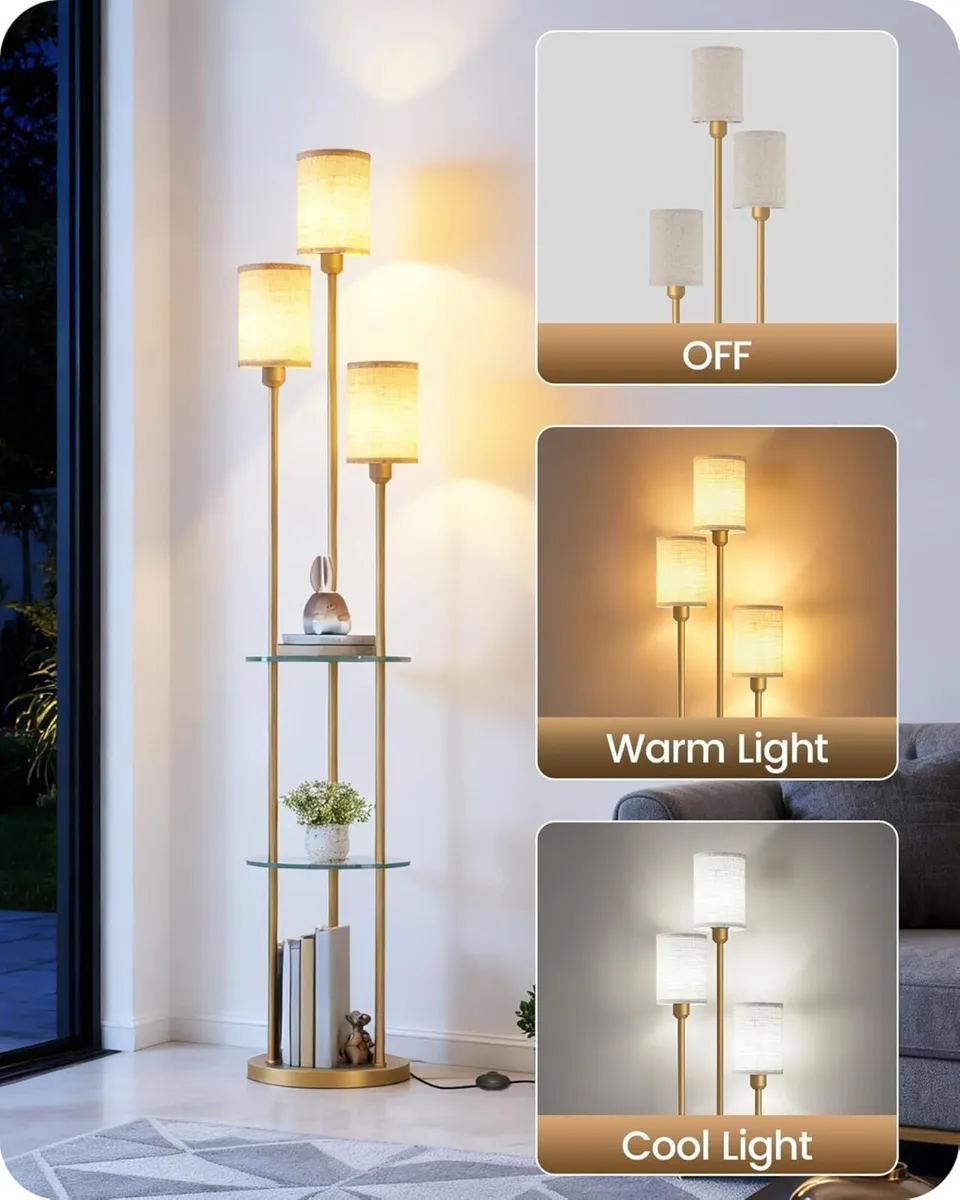 Floor Lamp with Shelves Modern 3 Linen Shades and - Image 4