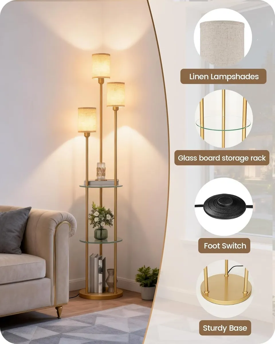 Floor Lamp with Shelves Modern 3 Linen Shades and - Image 3