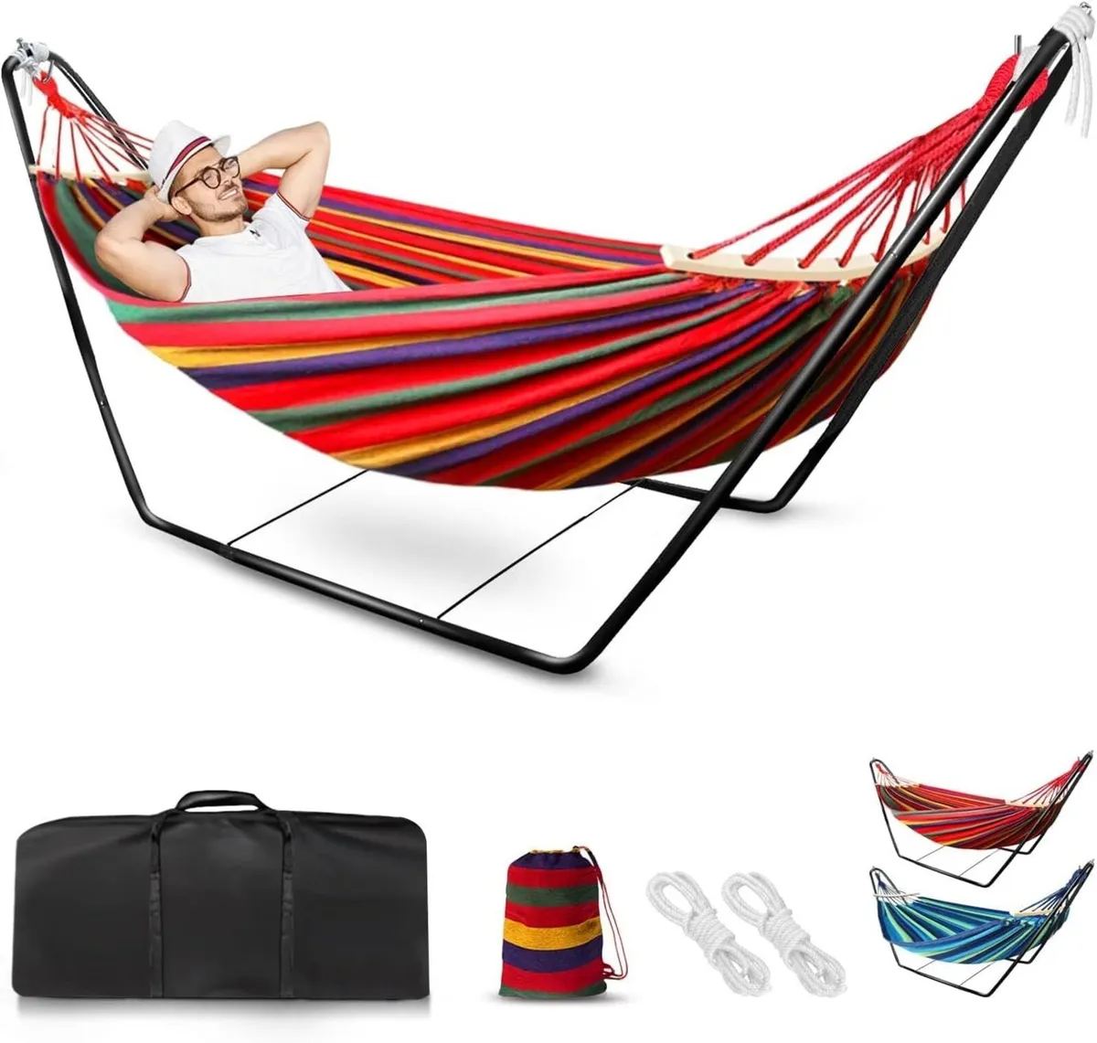 Hammock with Stand Double Cotton Adjustable Steel - Image 1