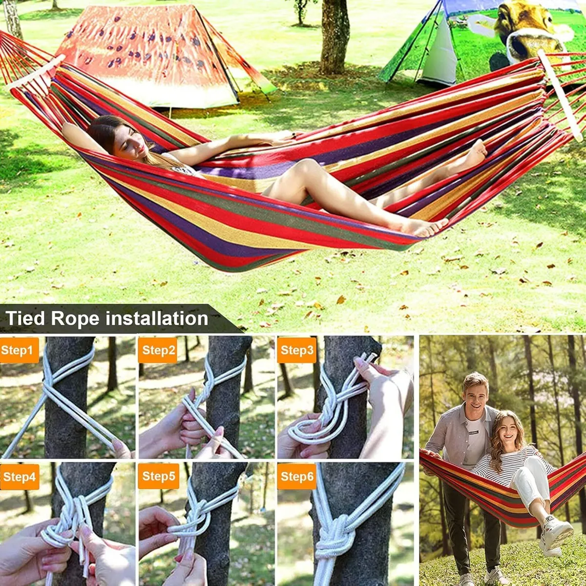 Hammock with Stand Double Cotton Adjustable Steel - Image 4