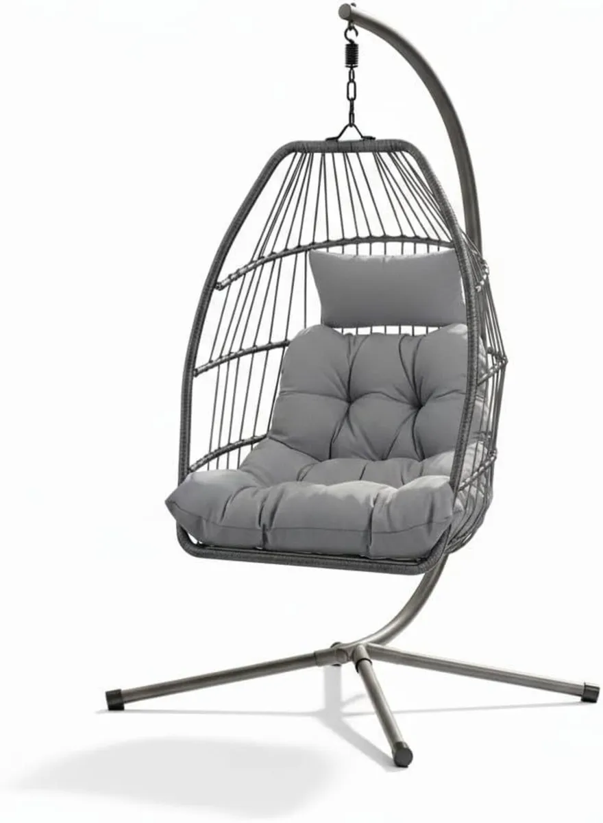 Foldable Hanging Egg Chair with Stand – Rattan - Image 1