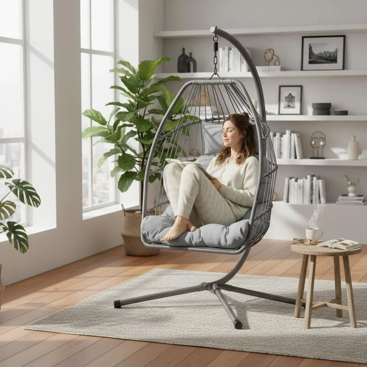 Foldable Hanging Egg Chair with Stand – Rattan - Image 2