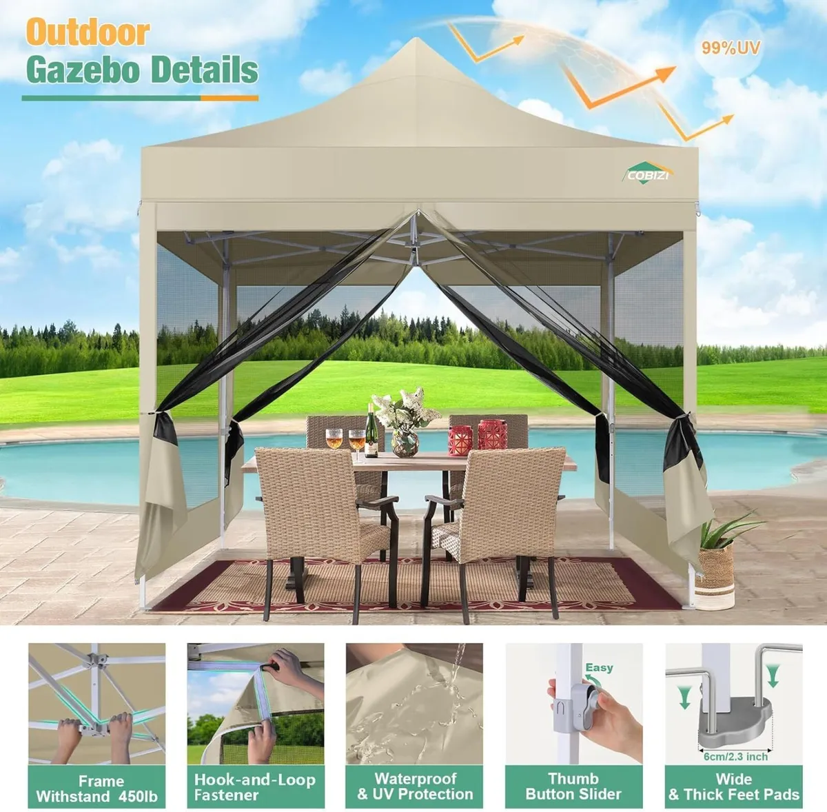 Folding Gazebo Waterproof Stable UV Protection - Image 2