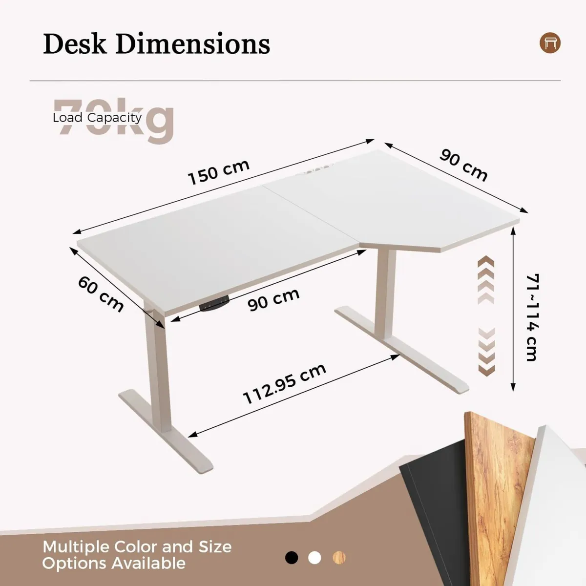 L-shaped Height Adjustable Desk 150 x (60-90 cm) - Image 2