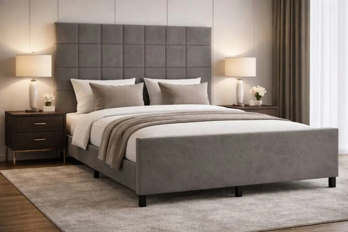 Velvet Bed Frame with Adjustable Headboard - Image 1