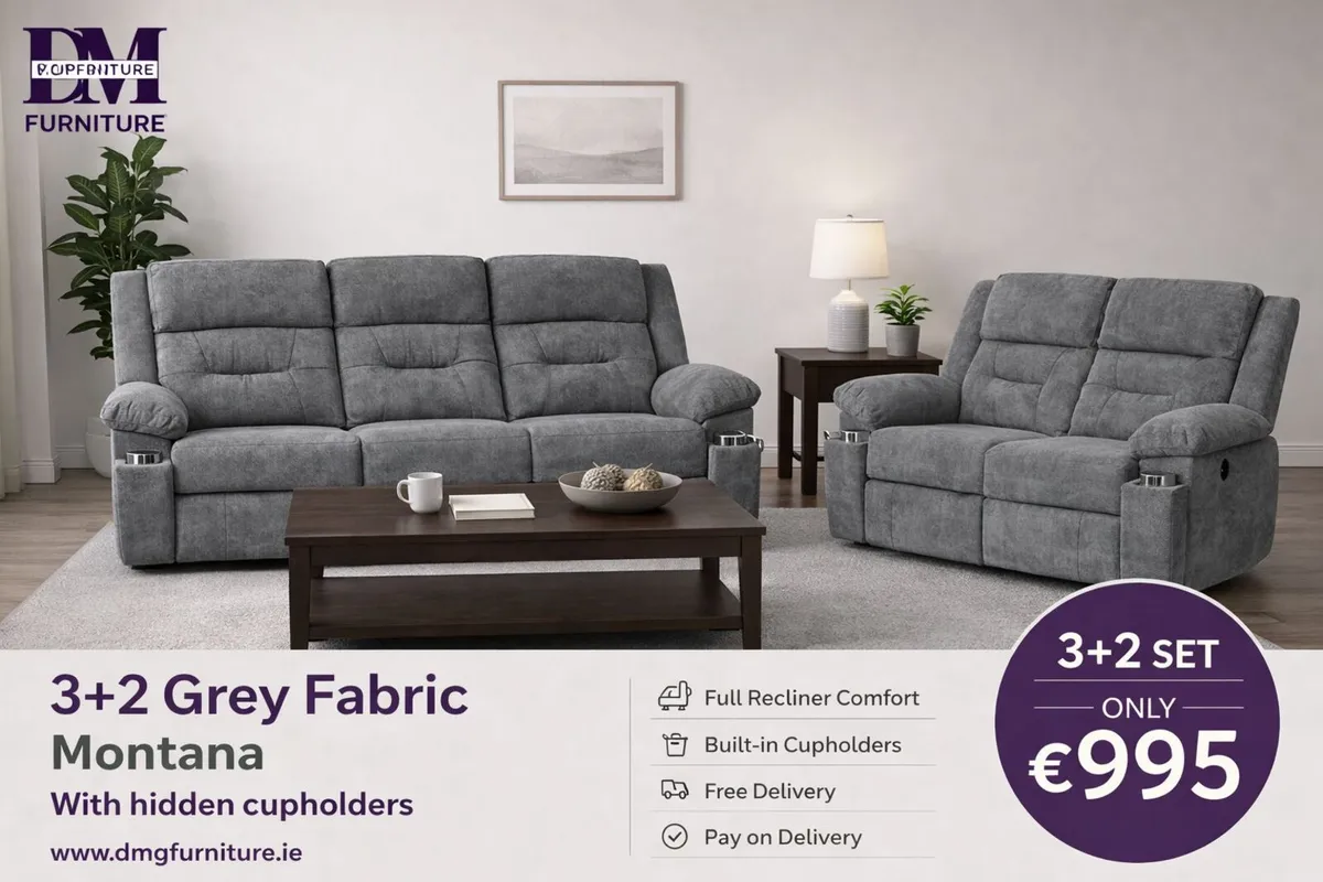 New 3+2 Montana Grey Fabric Recliner Sofa - Image 1