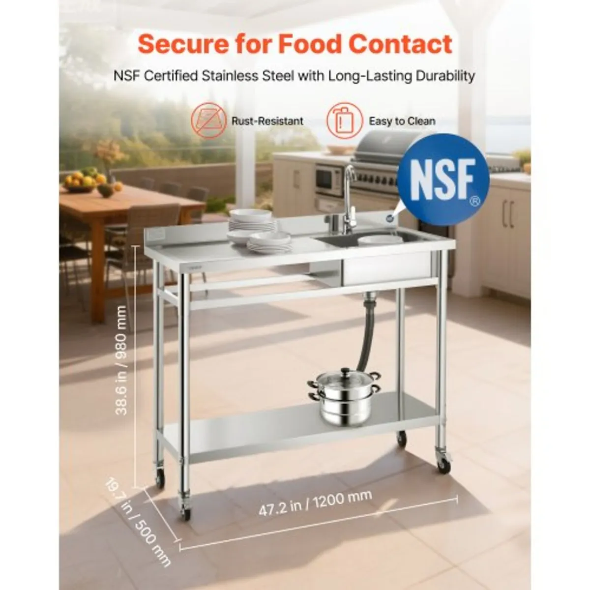 Stainless Steel Utility Sink, Rolling Single Bowl - Image 3