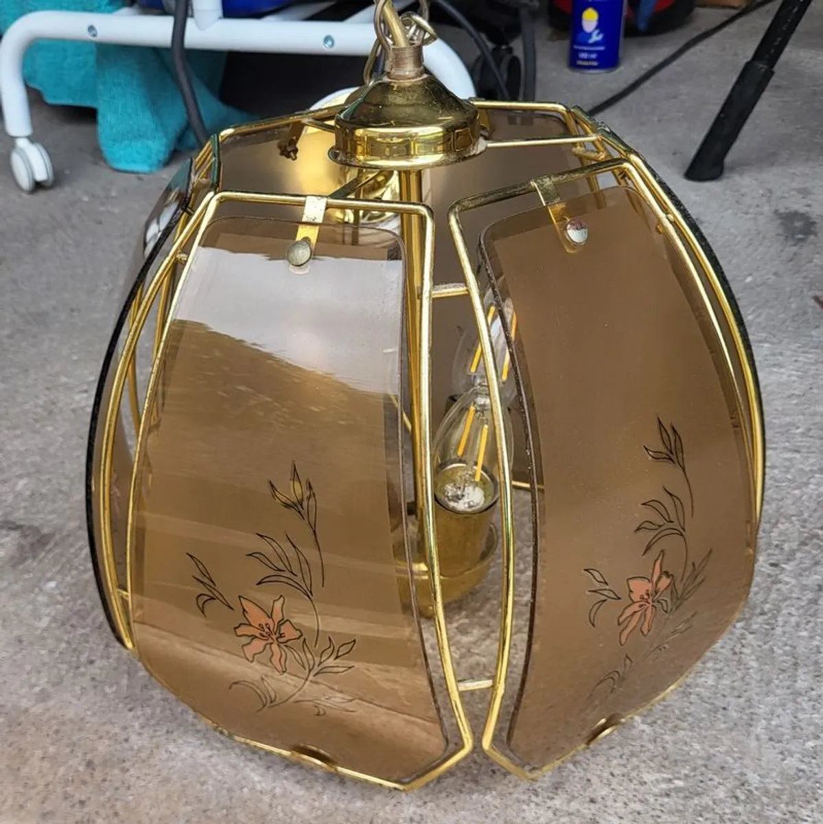 Vintage 1980s brass glass panel pendant light - Image 1