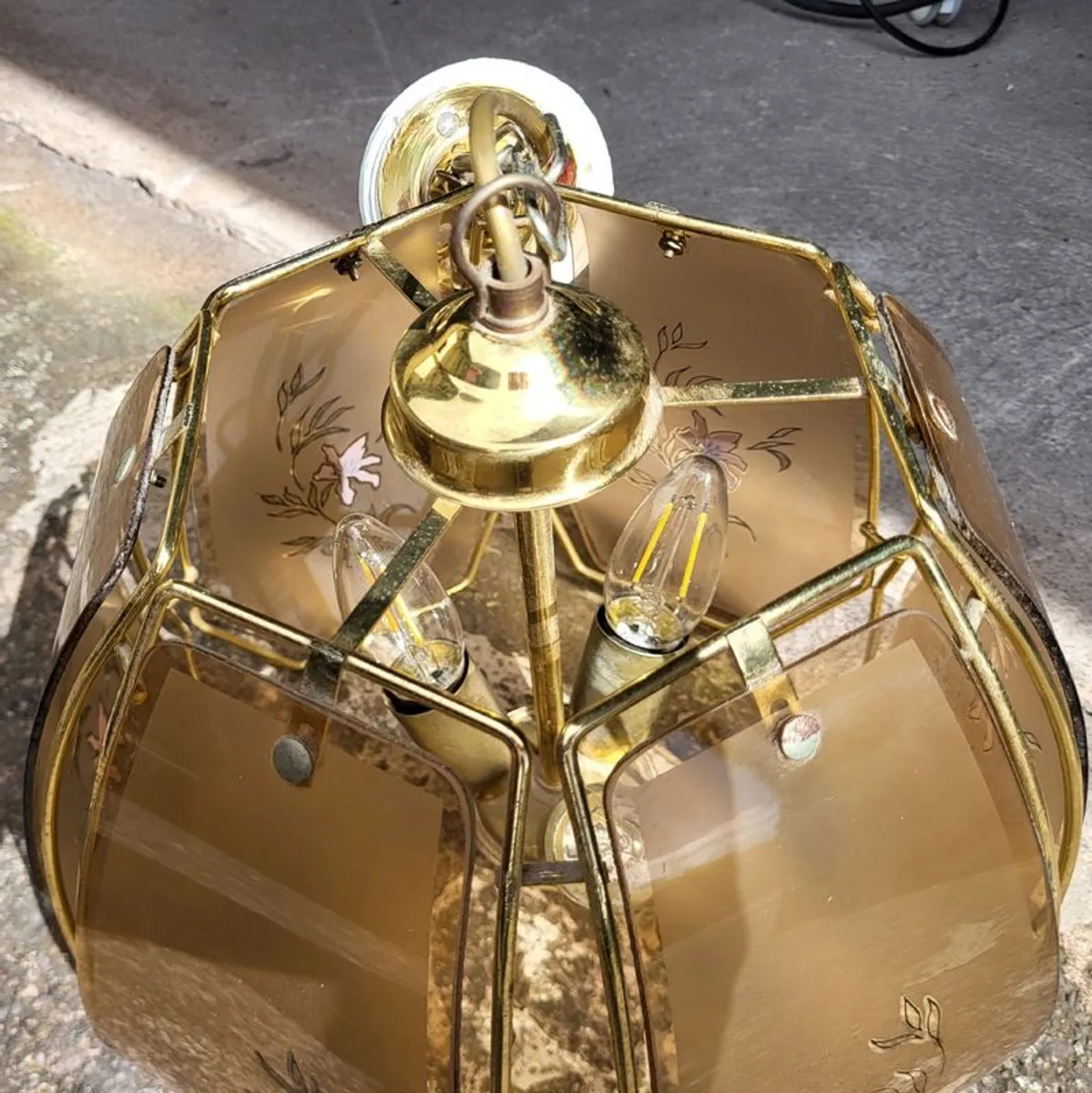 Vintage 1980s brass glass panel pendant light - Image 2