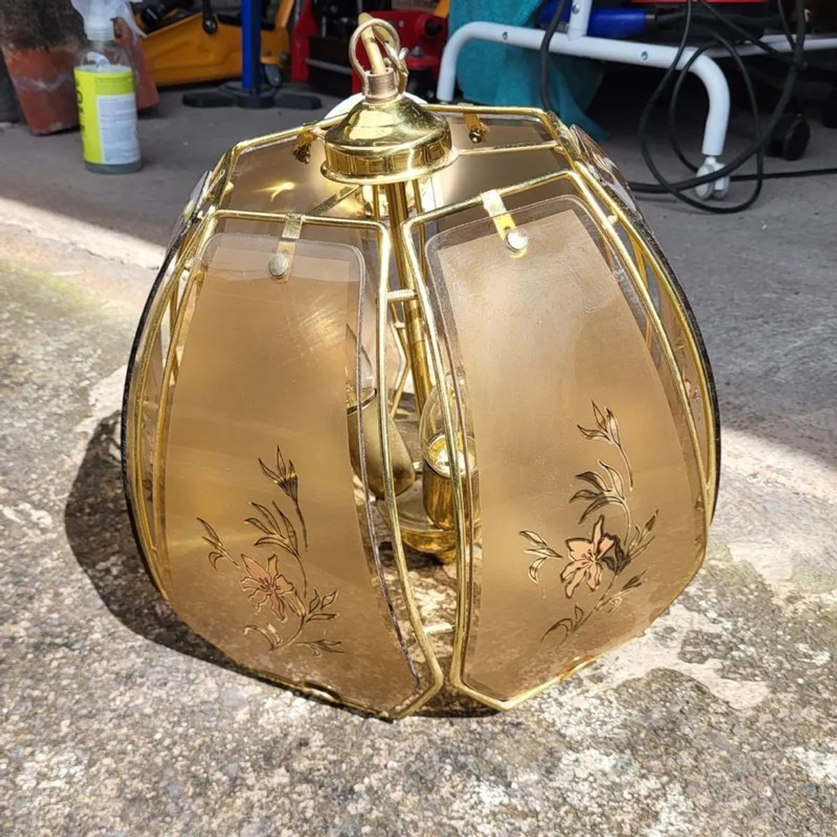 Vintage 1980s brass glass panel pendant light - Image 3