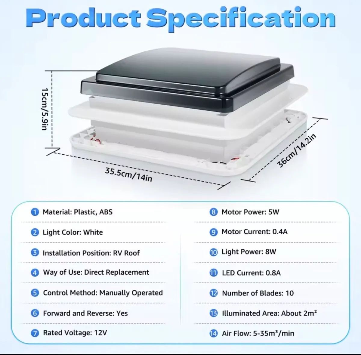 Caravan Roof Vent Fan 12V RV Ventilation Exhaust - Image 1