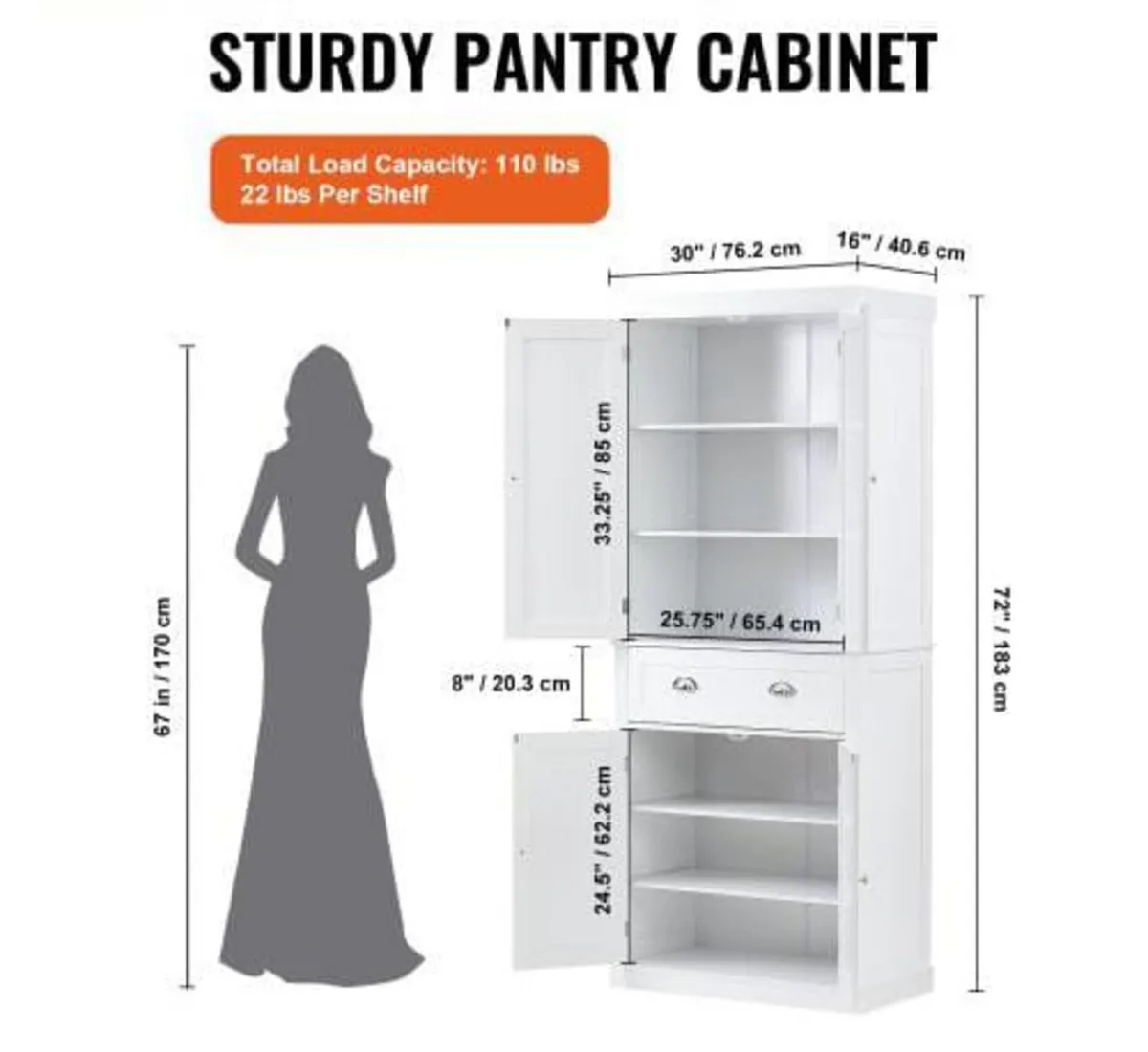 72" Kitchen Pantry Storage Cabinet, Freestanding U - Image 3