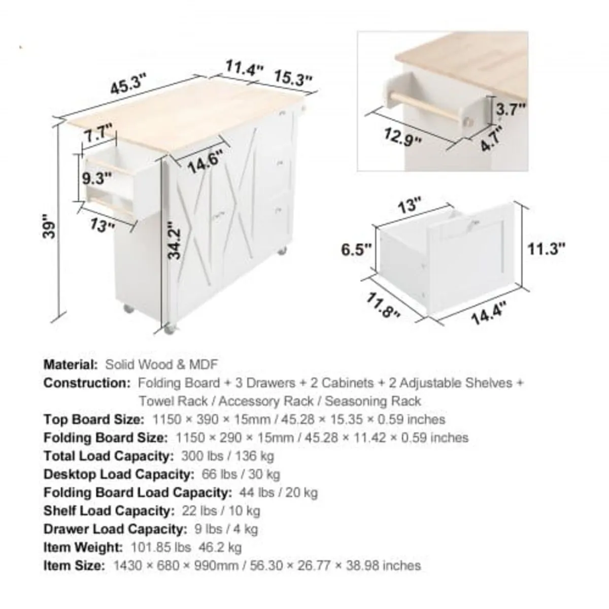 Kitchen Island Cart with Solid Wood Top, 115 cm Wi - Image 2