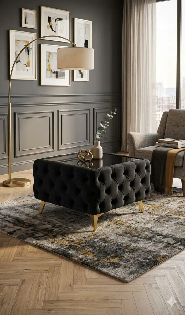 Chesterfield Velvet Square Coffee Table with Glass - Image 1