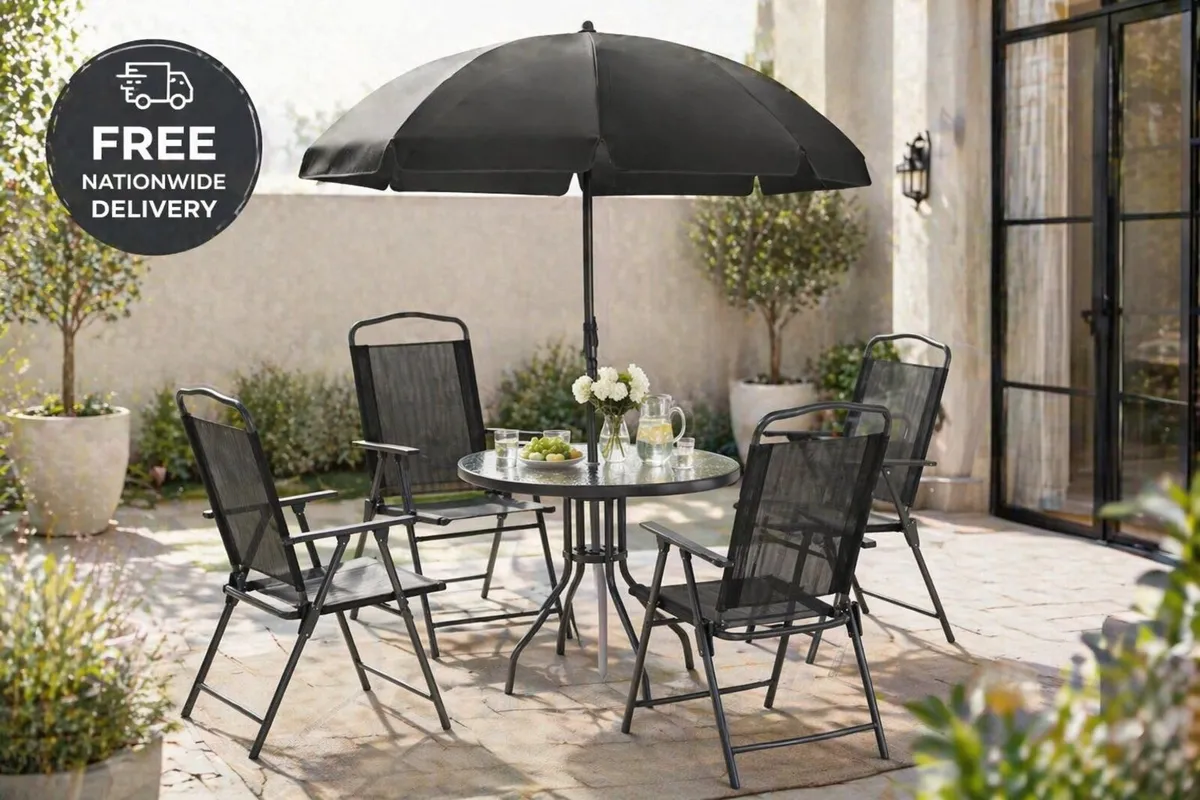 Garden Furniture Set Table, 4 Chairs & Parasol - Image 1