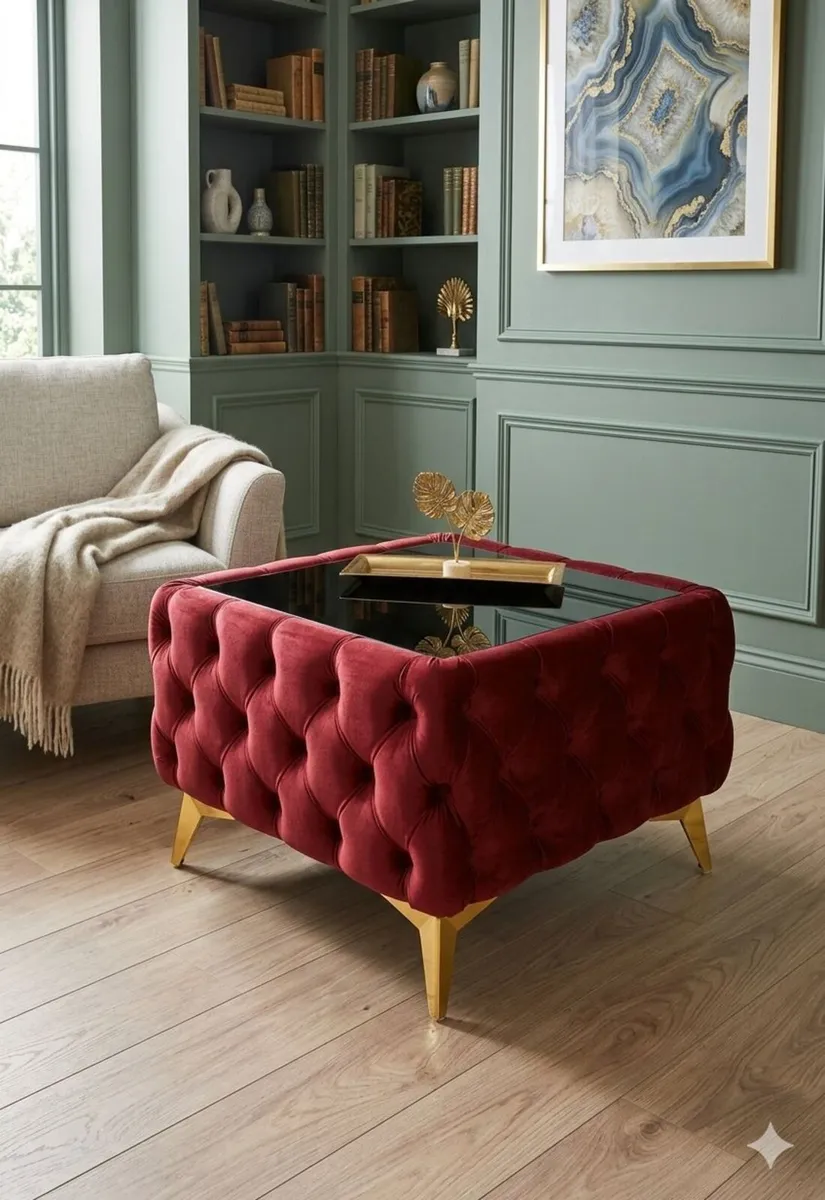 Chesterfield Velvet Square Coffee Table with Glass - Image 2