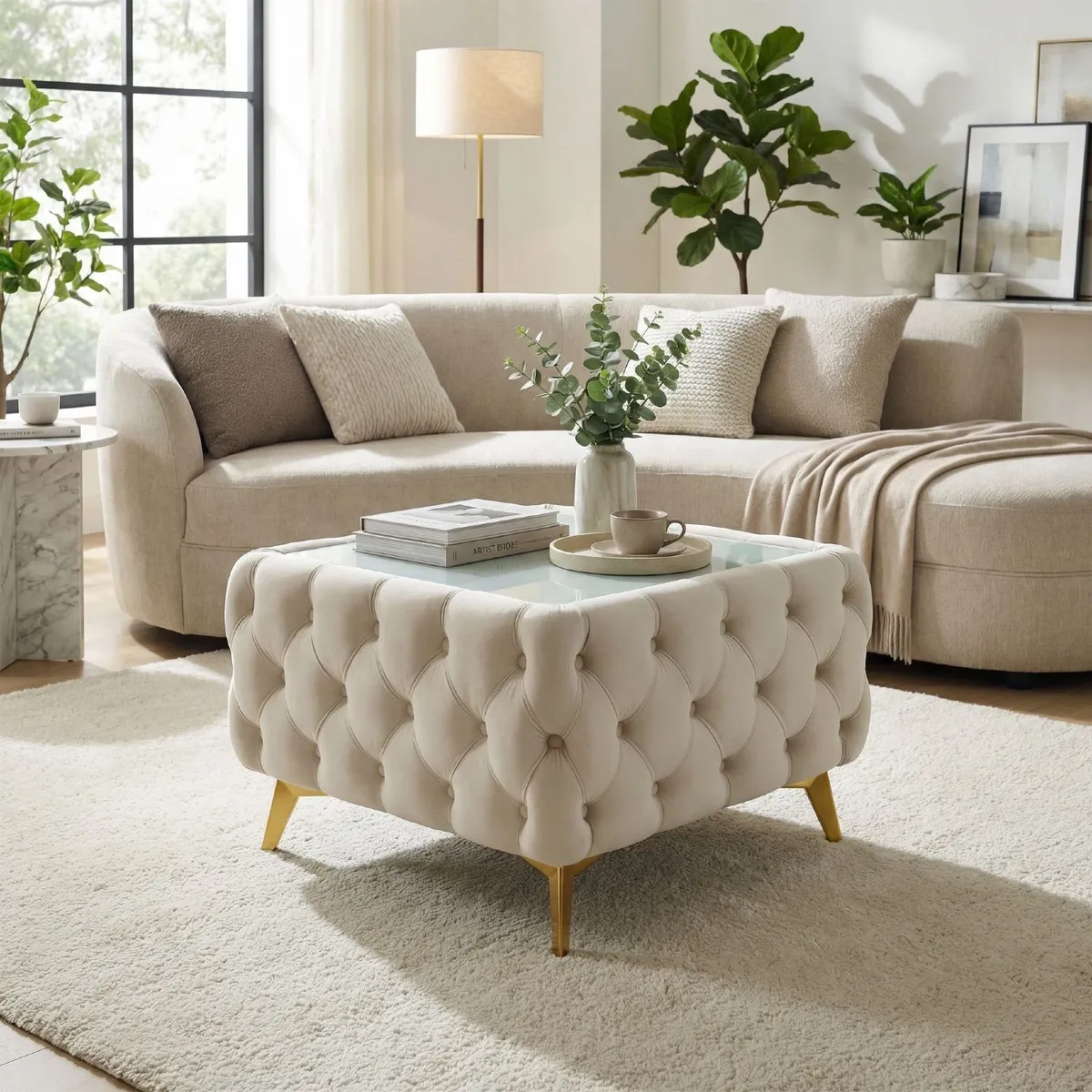 Chesterfield Velvet Square Coffee Table with Glass - Image 4