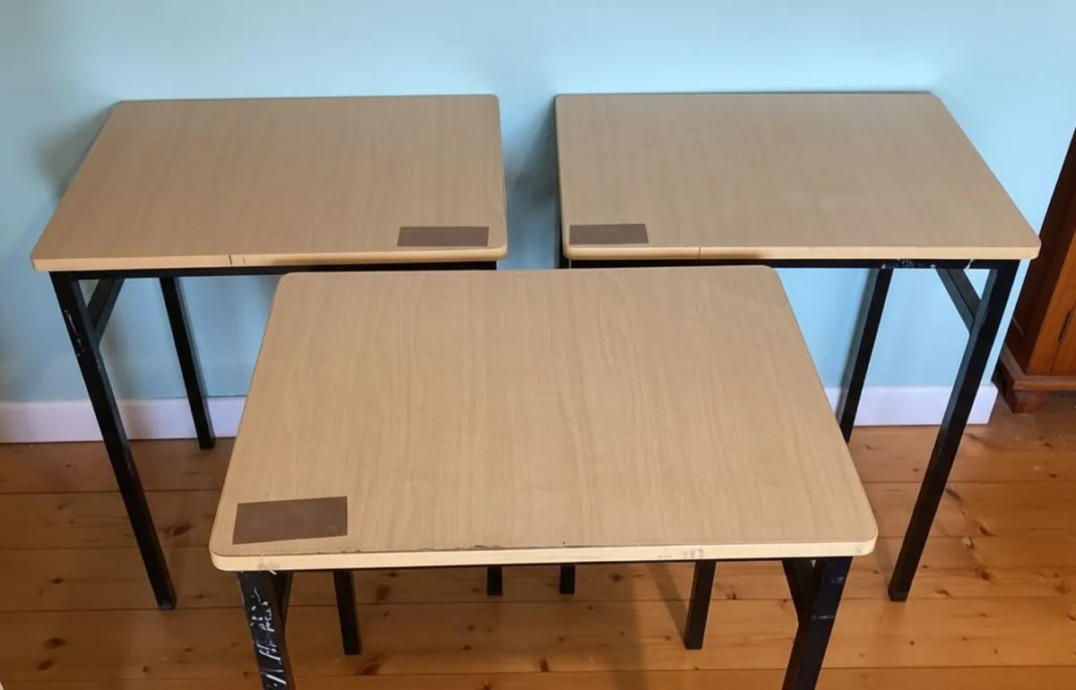 Set of 3 Contemporary Wood & Metal Tables - Image 1