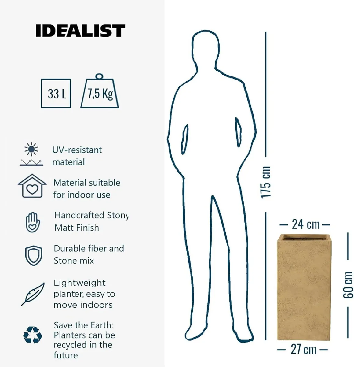 Gold Plant Pot 60cm Tall Reinforced Stone Indoor - Image 2