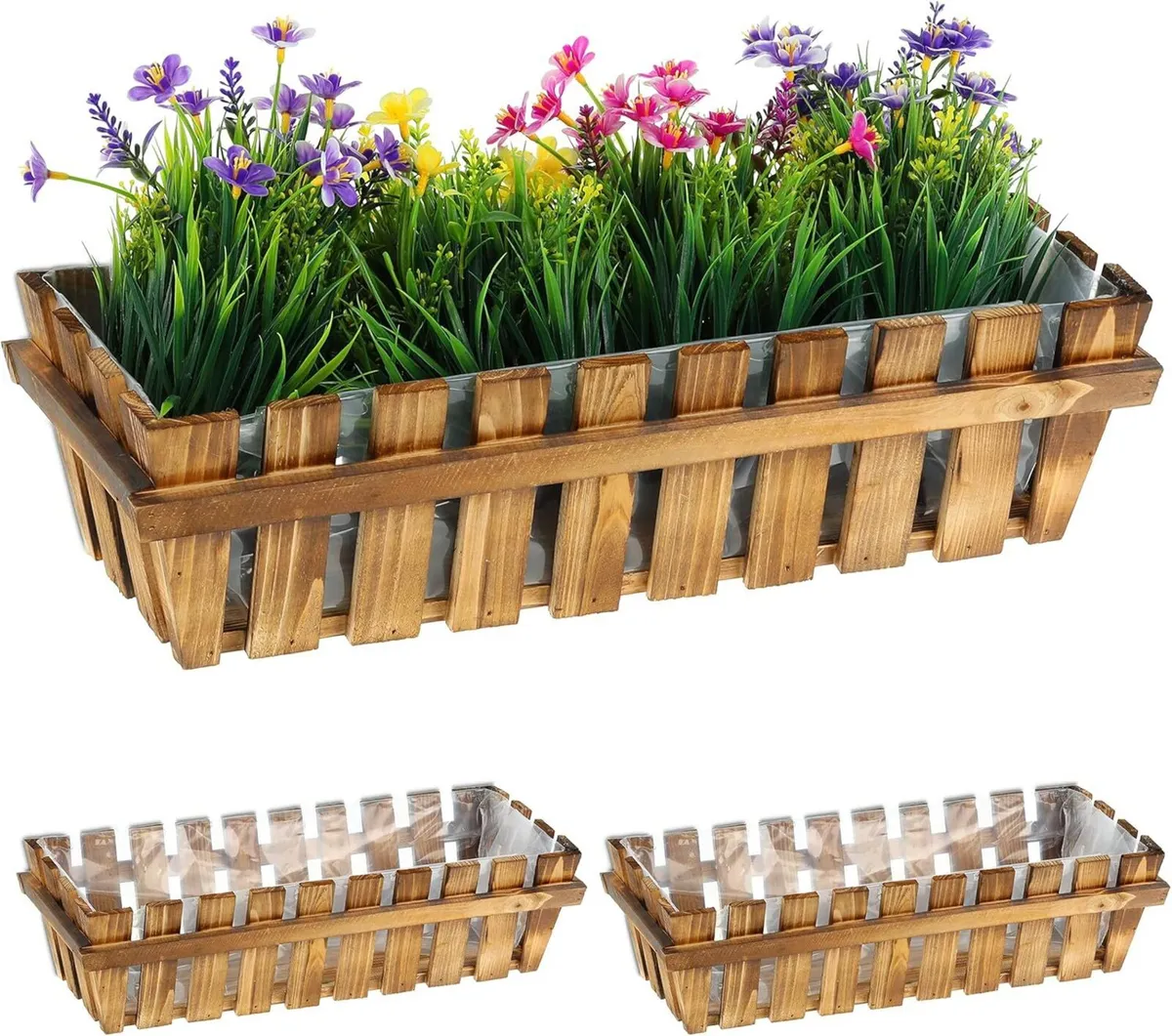 3 Flower Boxes Natural Untreated Wood Slatted - Image 1