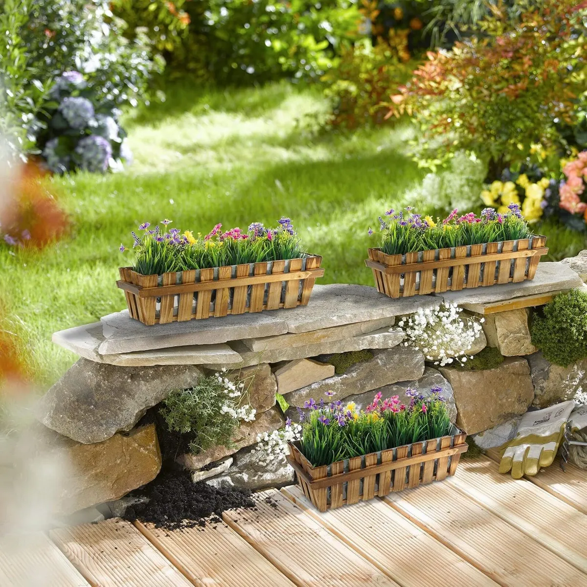 3 Flower Boxes Natural Untreated Wood Slatted - Image 2