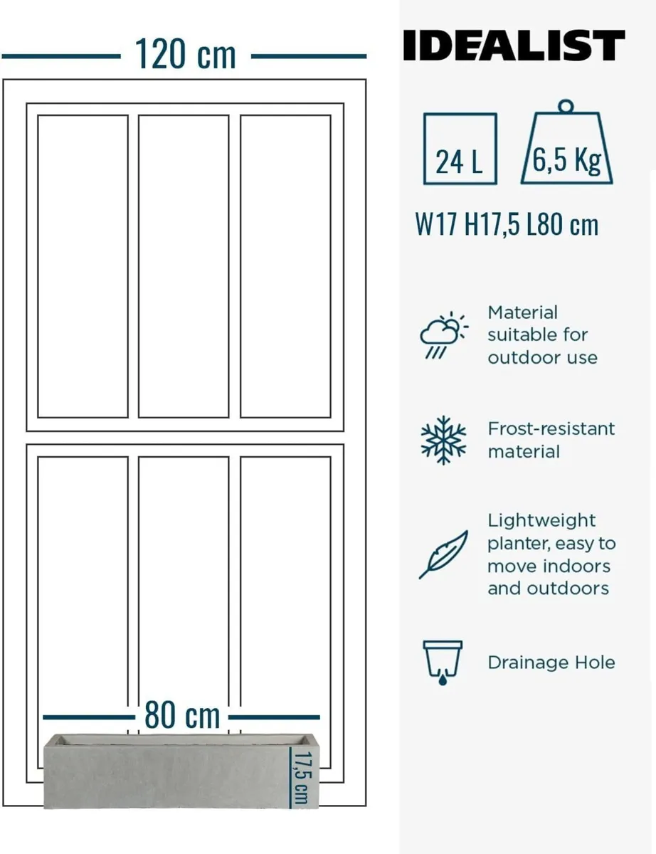 80cm Planter Grey Reinforced Stone Window Box - Image 2