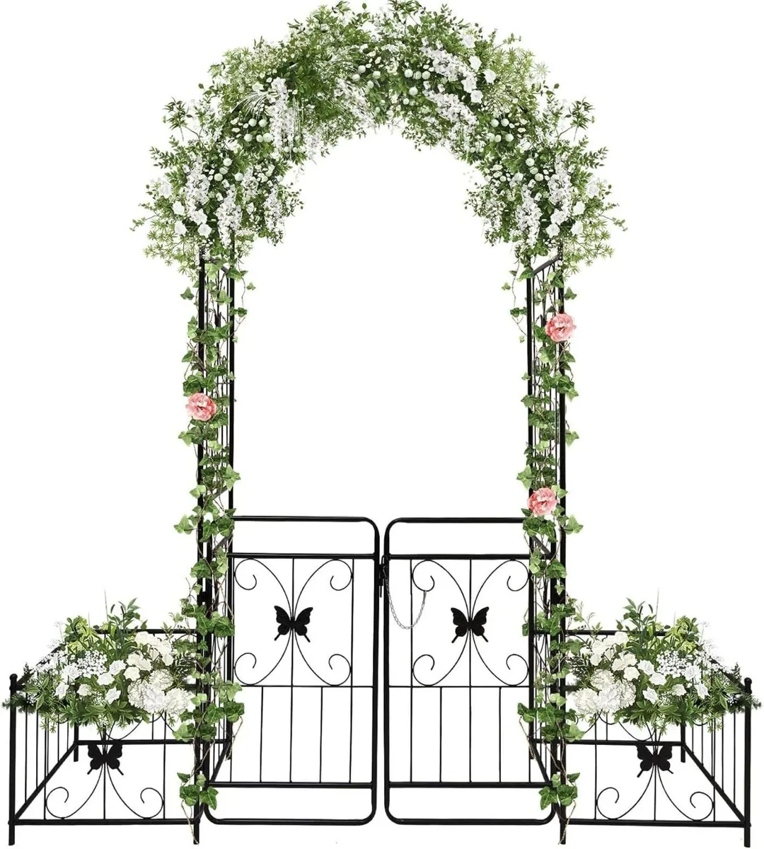 2.2M Garden Arch with Gate and Plant Boxes Metal - Image 1
