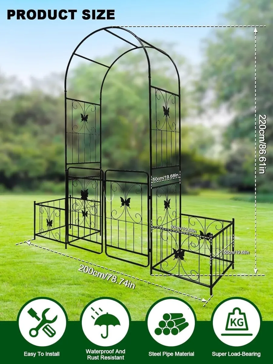 2.2M Garden Arch with Gate and Plant Boxes Metal - Image 3
